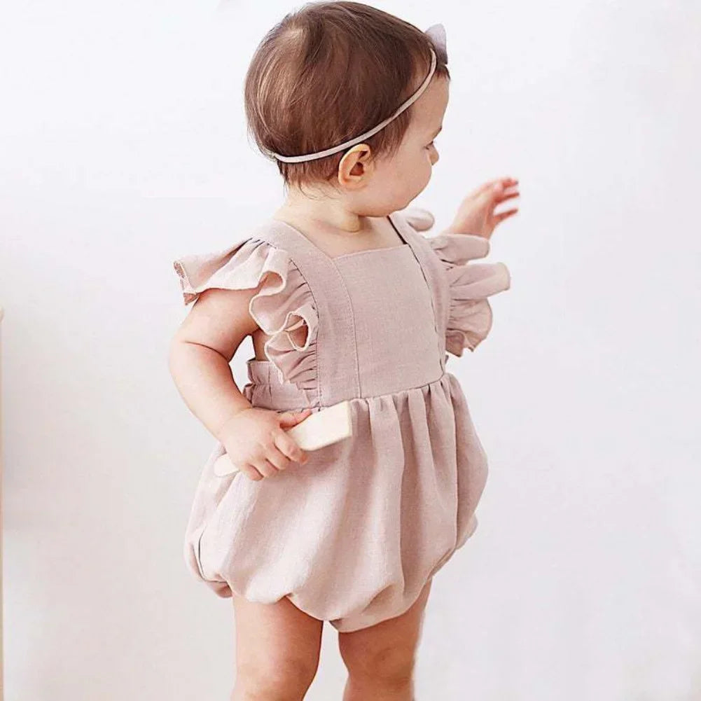 Summer Baby Girls Romper – Cotton Linen Sleeveless Strap Ruffle Infant Clothes