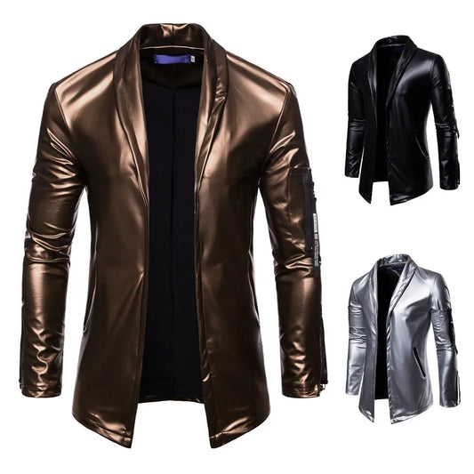 Men’s Shiny Gold PU Leather Blazer – Slim Fit Party Cardigan for Nightclub, DJ, and Stage