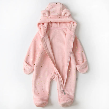 2024 Autumn Winter Newborn Baby Overalls - Plus Velvet Hooded Romper (0-1Y)