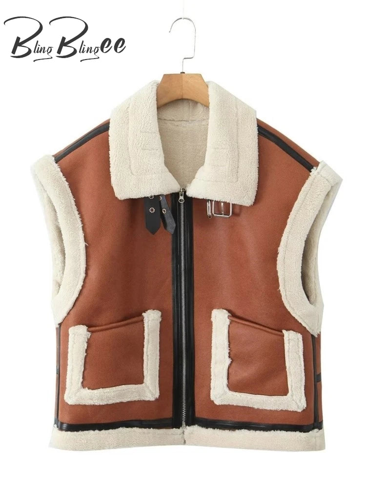 BlingBlingee Faux Lambswool Women Jacket Waistcoat Traf Winter Warm Thicken Patchwork Sleeveless Pockets Loose Coat Oversize Top