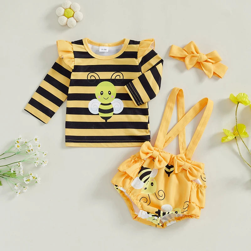 Lovely Baby Girl 3-Piece Set - Stripe Bee Print Romper, Shorts & Headband