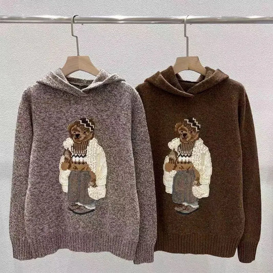 Cashmere Sweater Women's 2024 Autumn/Winter New Casual Warm Bear Pattern Hooded Long sleeved Sweatshirt