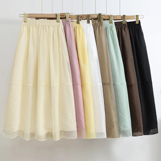 Spring Summer Chiffon Voile Skirt Women's Fashion Stitching A-Line Elastic High Waist Midi Umbrella Skirts Casual Long Skirt