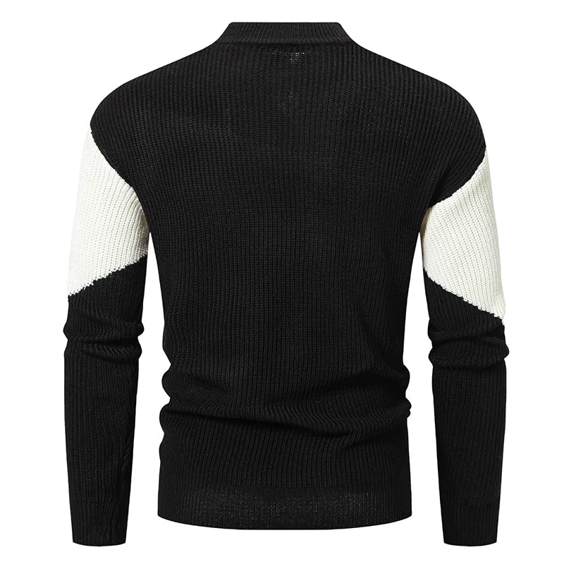 Men's Autumn Winter Mock Neck Knit Sweater – Patchwork Slim Fit Warm Pullover