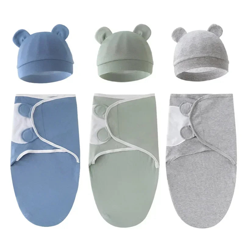 Baby Swaddle Blanket and Hat Set - Adjustable Cotton Wrap for 0-6M Infants