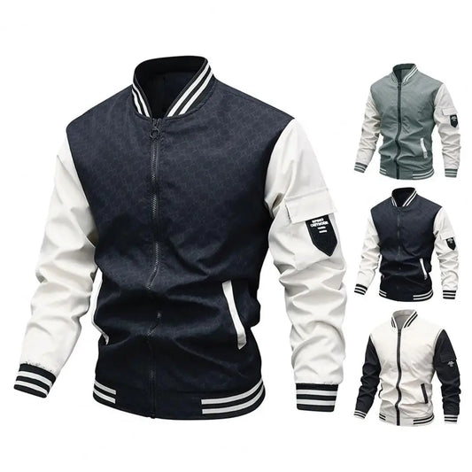 Mid-Aged Men's Lightweight Baseball Jacket – Stand Collar, Zip-Up, Contrast Color Design