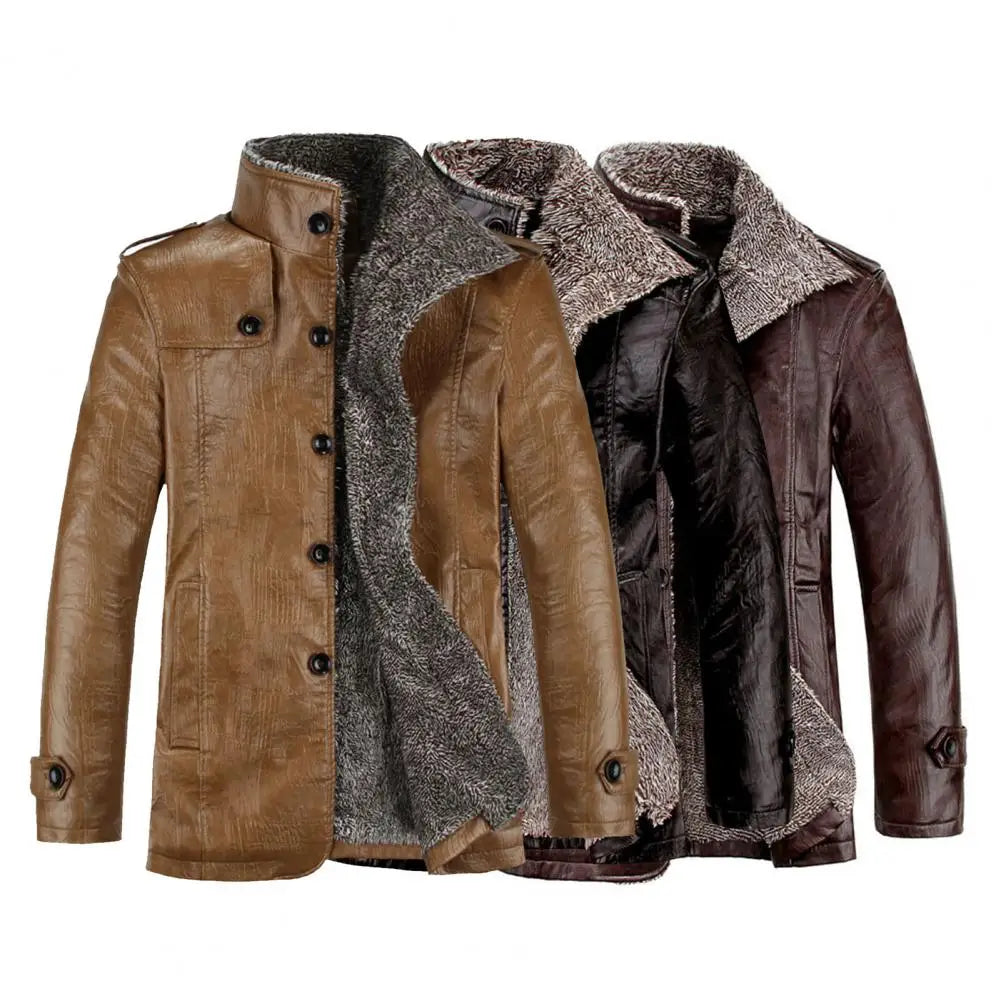 Men's Winter Warm Faux Leather Jacket – Solid Color Long Sleeve Cardigan Coat