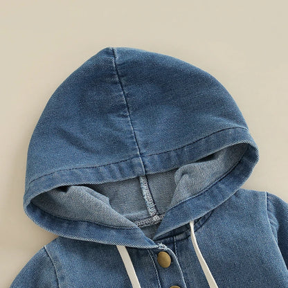 Baby Hooded Denim Jumpsuit - Solid Color Bodysuit for 0-24M Boys