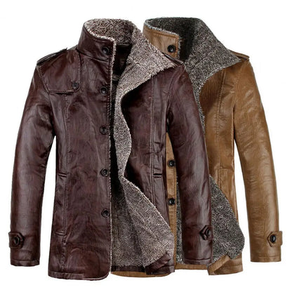 Men's Winter Warm Faux Leather Jacket – Solid Color Long Sleeve Cardigan Coat