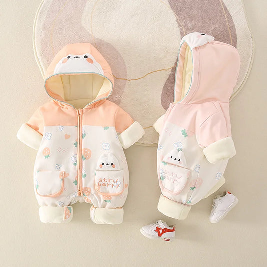 Winter Baby Girls Hooded Onesie Cotton Padded Strawberry Printed Parka Bodysuit