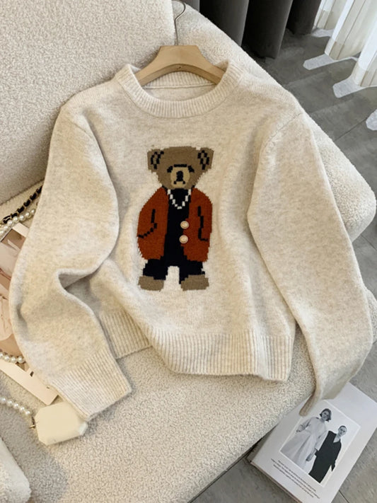 New 2024 Autumn Winter Cashmere Sweater Women Korean Style Casual Cartoon Bear Long Sleeve Pullovers Knitted Sweaters For Women