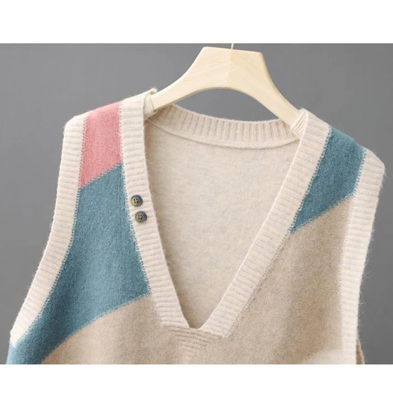 contrasting color V-neck knitted sweater for women's Spring Autumn new outerwear pullover loose slimming sweater vest top