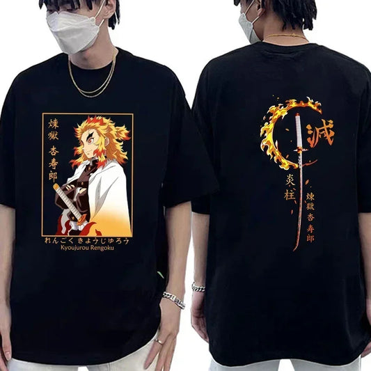 Men’s Rengoku Kyoujurou Anime Graphic Tee – Oversized Casual T-Shirt