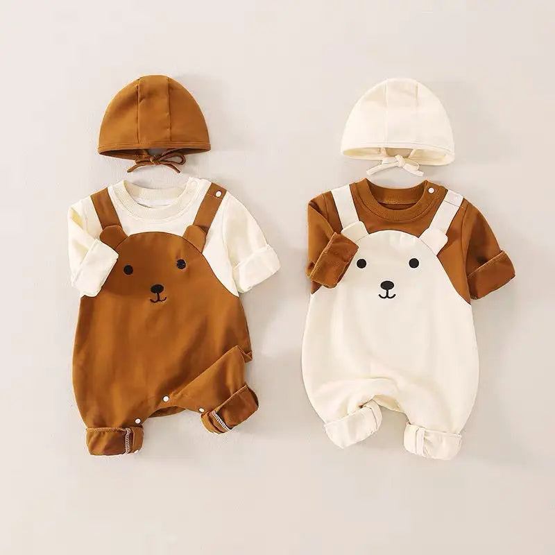 Autumn Baby Clothes Newborn Outfit Jumpsuit with Hood & Suspenders, Baby Cap