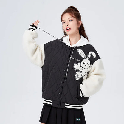 Semir Cotton Jacket Women Baseball Collar Color Block Patchwork Faux Shearling Winter Oversize Rabbit Quilted Jacket