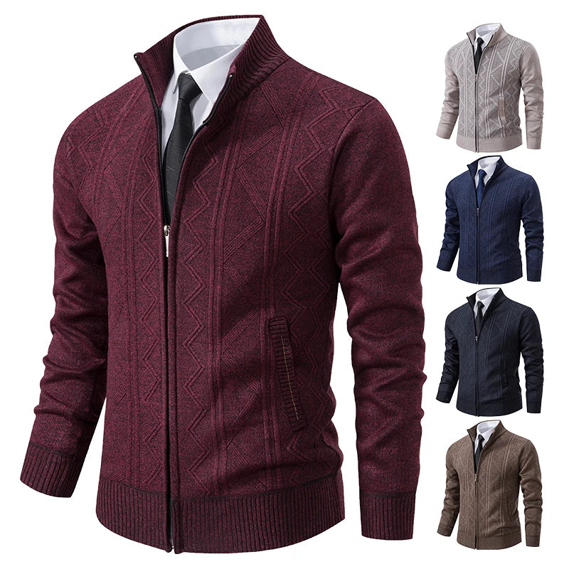 Men's Thick Knit Cardigan Jacket – Autumn Winter Stand Collar Casual Sweater Coat