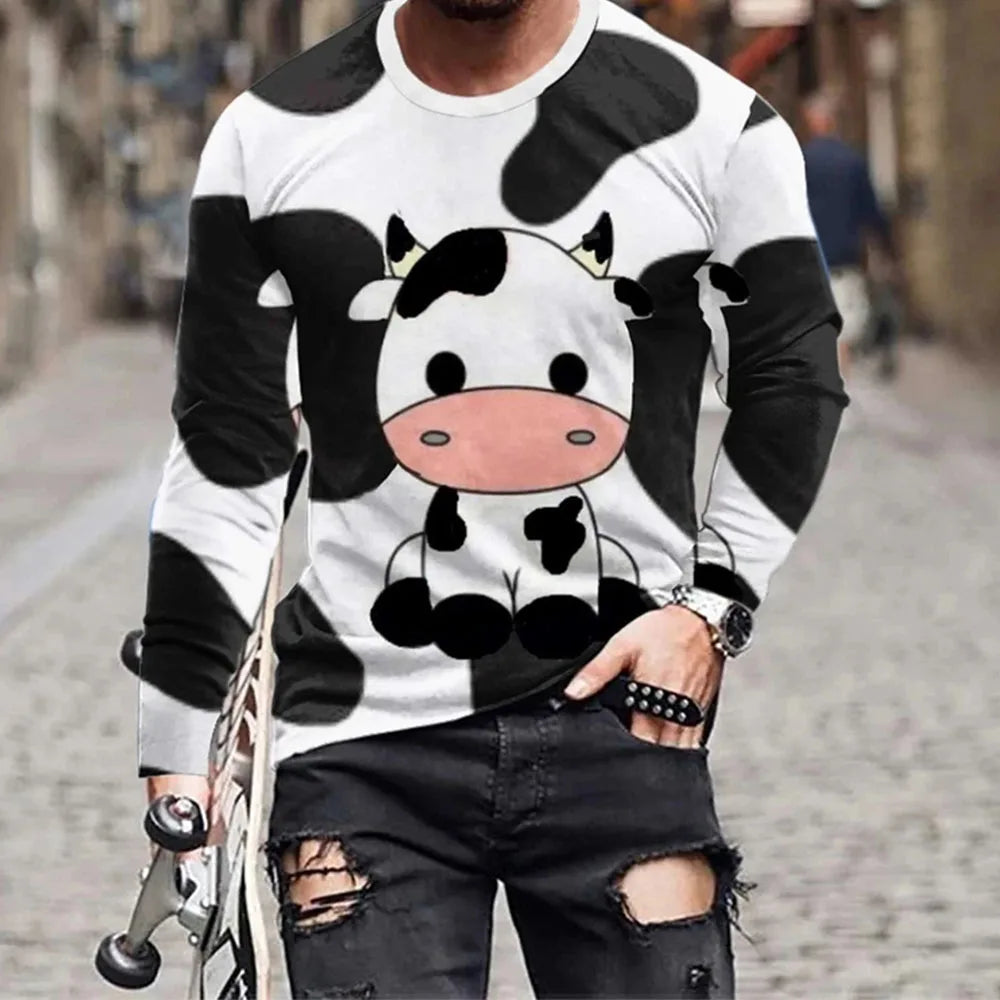 Fashion Animal Cow 3D Printing Long-Sleeve T-Shirt for Men – Casual Streetwear, Plus Size