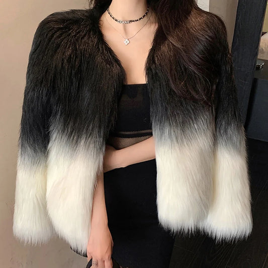 Gradient Color Faux Fur Women Jacket Fashion O-neck Elegant Luxury Warm Winter Thick Coat Long Sleeved Fashion Coat