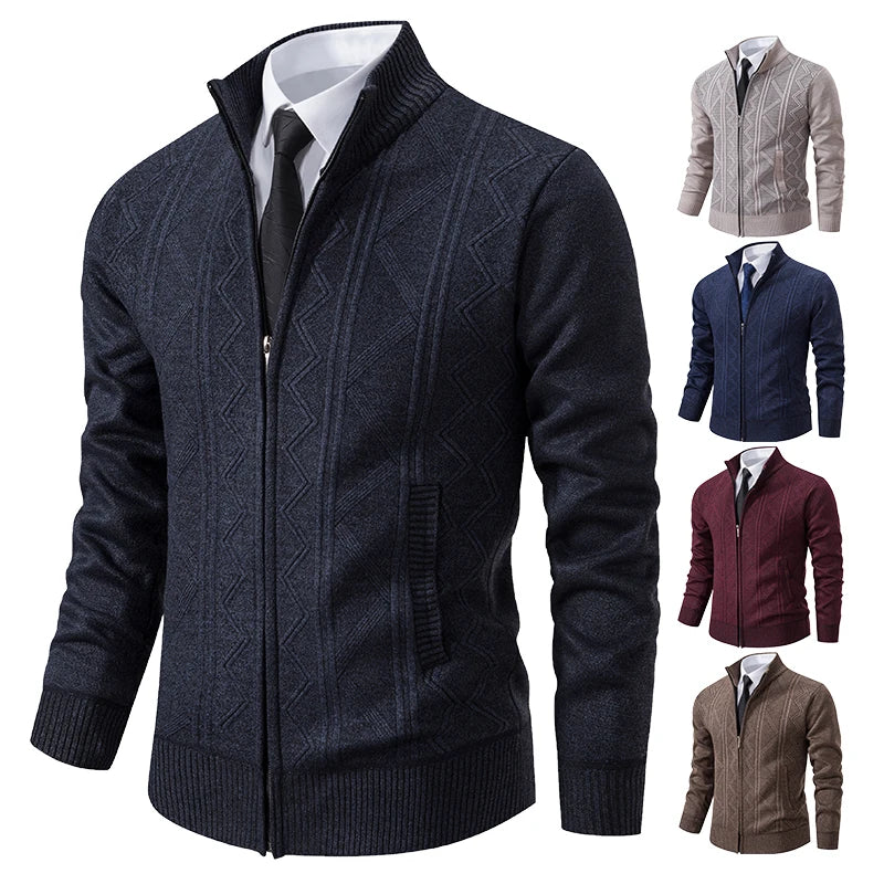 Men's Thick Knit Cardigan Jacket – Autumn Winter Stand Collar Casual Sweater Coat