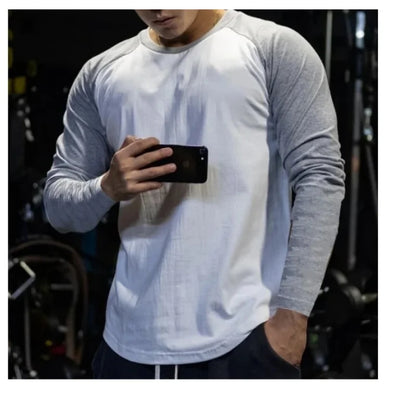 Men's Cotton Long Sleeve T-Shirt – Patchwork Bodybuilding Curved Hem Fitness Top