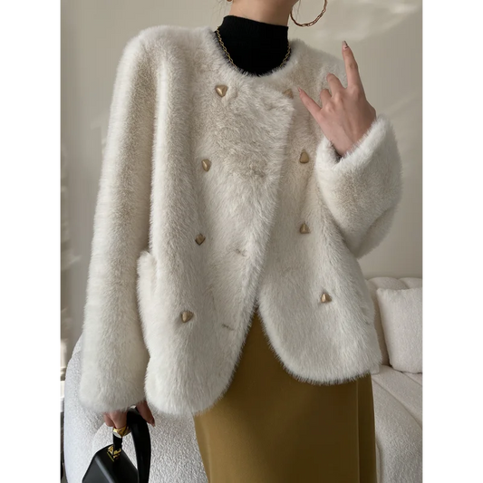 Luxury Fashion Warm Gradient Faux Fur Coat Women Autumn Winter New Elegant Simple Basic Loose Beige Gray Khaki Ladies Fur Coat