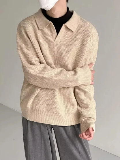 New Knitted Sweater Men Old Money Oversize Polo Pullover Autumn Winter