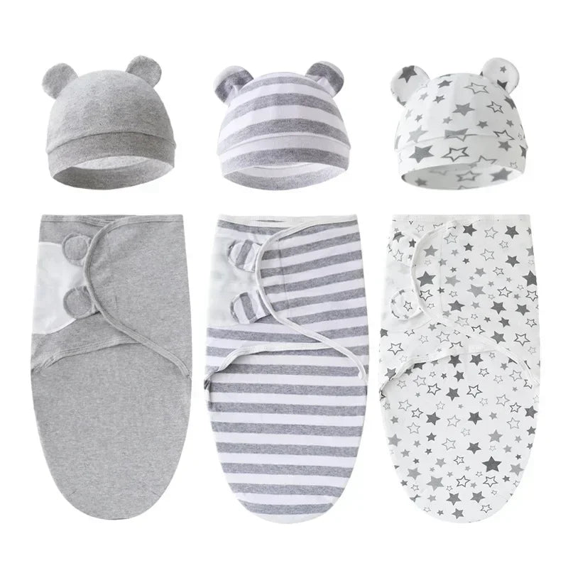 Baby Swaddle Blanket and Hat Set - Adjustable Cotton Wrap for 0-6M Infants