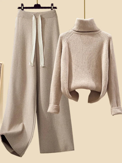 Autumn Winter Warm Knitwear Sets For Women Outfits Ladies Elegant Turtleneck Sweater+long Cardigan Jacket+wide Leg Pant Set 2023