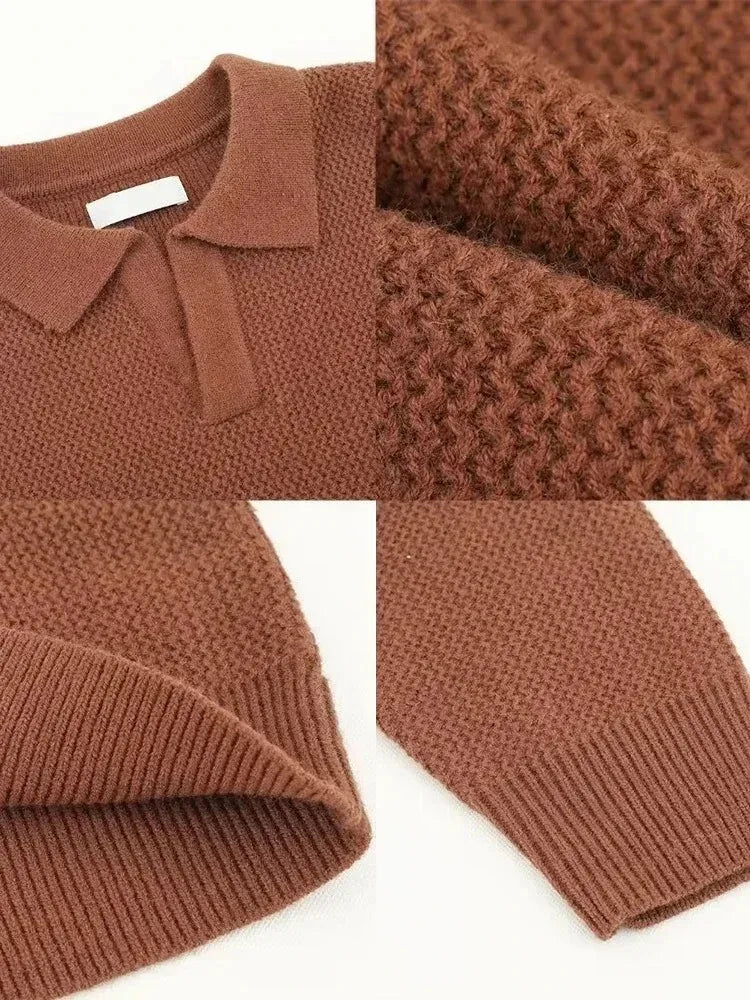 New Knitted Sweater Men Old Money Oversize Polo Pullover Autumn Winter