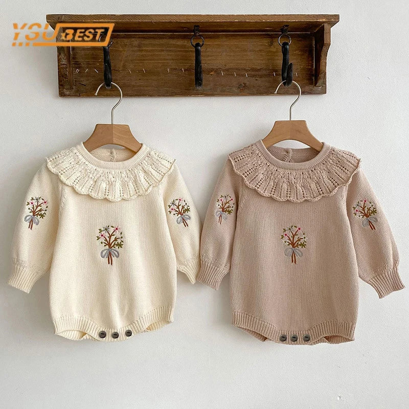 Infant Baby Girls Embroidered Knit Jumpsuit - Long Sleeve Romper for Spring & Autumn