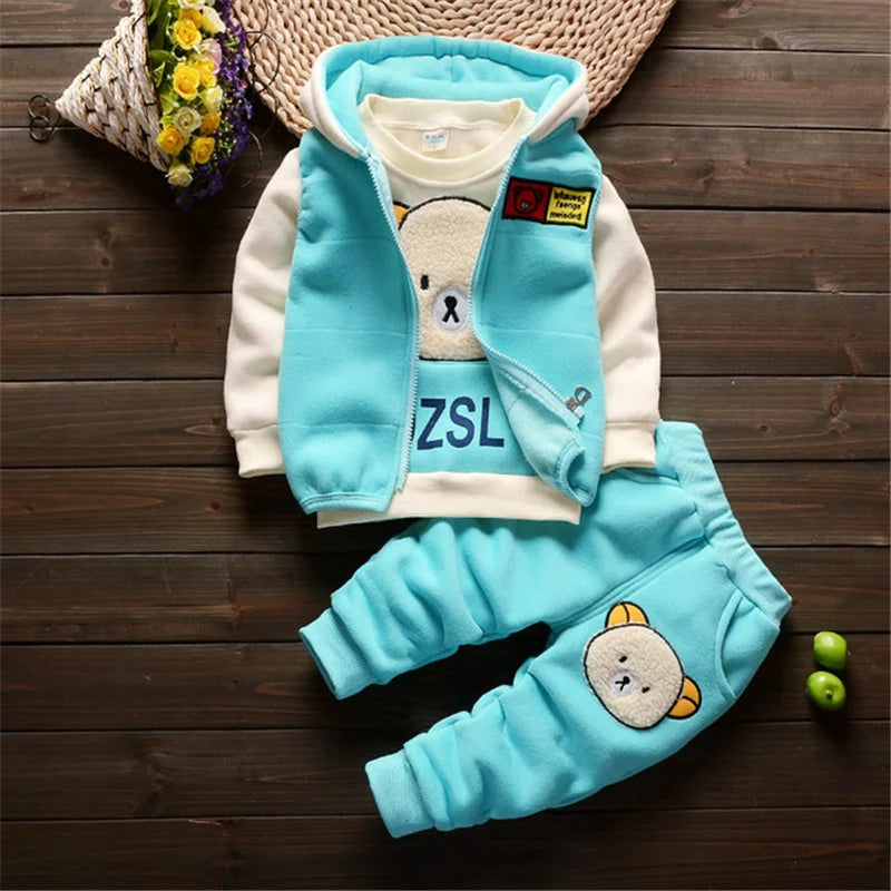 2024 Boys & Girls Cotton Hoodie Set - Cute Bear Cartoon 3-Piece Suit for Kids