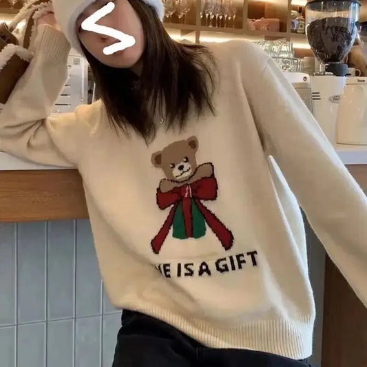 Hsa Cashmere Cartoon Bear Sweater Women Autumn Winter Soft Warm O Neck Wool Pullover Knitted Tops Female Jumper Cute Y2K Tops