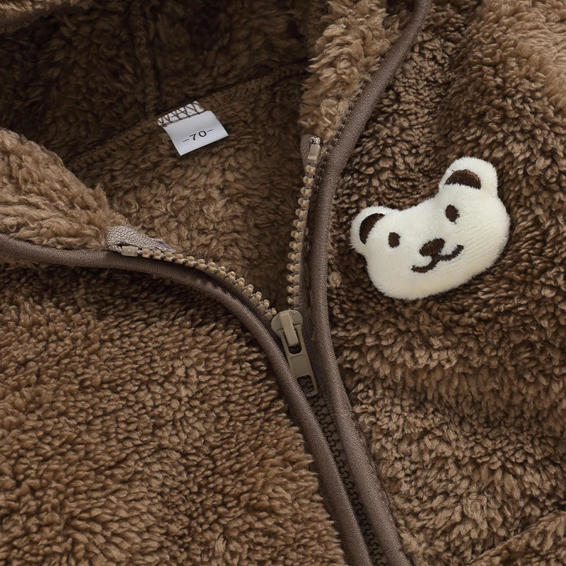 Hooded Baby Coat - 3D Bear Fuzzy Jacket for Boys & Girls, Winter Fleece Zipper Outerwear