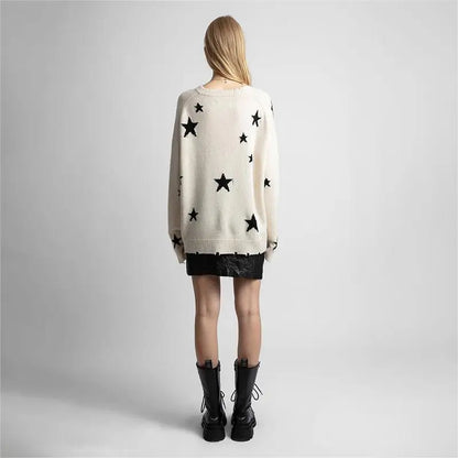 Zadig Stars Sweater Women Beige Cashmere Loose Sweaters Casual Long Sleeve Crew Neck Pullover Stylish Ripped Edges Jumpers Tops